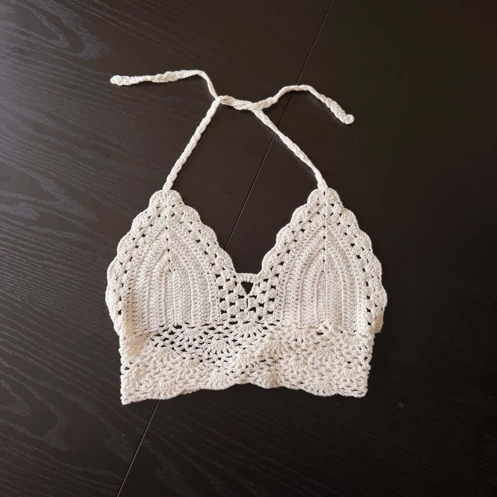 Handmade Crochet Halter Crop Top White Boho Beach Bralette